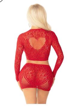 Leg Avenue Rhinestone Lace and Net Crop Top with Heart Keyhole Detail and Mini Skirt (2 Piece)