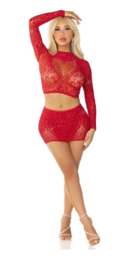 Leg Avenue Rhinestone Lace and Net Crop Top with Heart Keyhole Detail and Mini Skirt (2 Piece)