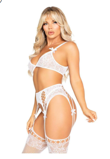 Leg Avenue Lace Bra Top with Dual Strap Detail G-String Panty and Lace Top Garter Belt Stockings
