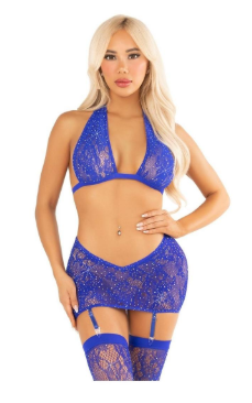 Leg Avenue Rhinestone Lace Halter Bra Top V-Cut Low Waist Garter Skirt and Stockings (3 Piece) - OS