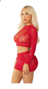Leg Avenue Rhinestone Lace and Net Crop Top with Heart Keyhole Detail and Mini Skirt (2 Piece)