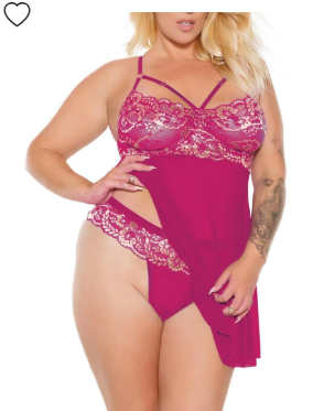 Pink Pussycat Babydoll & Thong - 3XLarge/ 4XLarge - Pink/Rose Gold