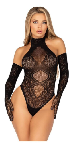 Lace Halter Teddy and Matching Long Lace Gloves O/S