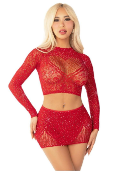 Leg Avenue Rhinestone Lace and Net Crop Top with Heart Keyhole Detail and Mini Skirt (2 Piece)